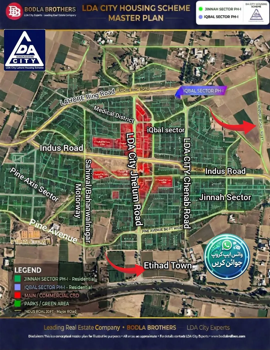 LDA City Lahore Master Plan showing Jinnah Sector Phase I, Iqbal Sector Phase I, Lahore Ring Road, Indus Road, Pine Avenue, Jhelum Road and Chenab Road